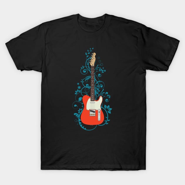 Red T-Style Electric Guitar Flowering Vines T-Shirt by nightsworthy